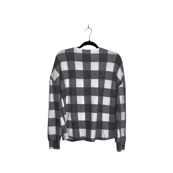 BKE Buckle Gray & White Buffalo Plaid Print Sherpa Pullover Top Medium Women’s - Picture 5 of 10